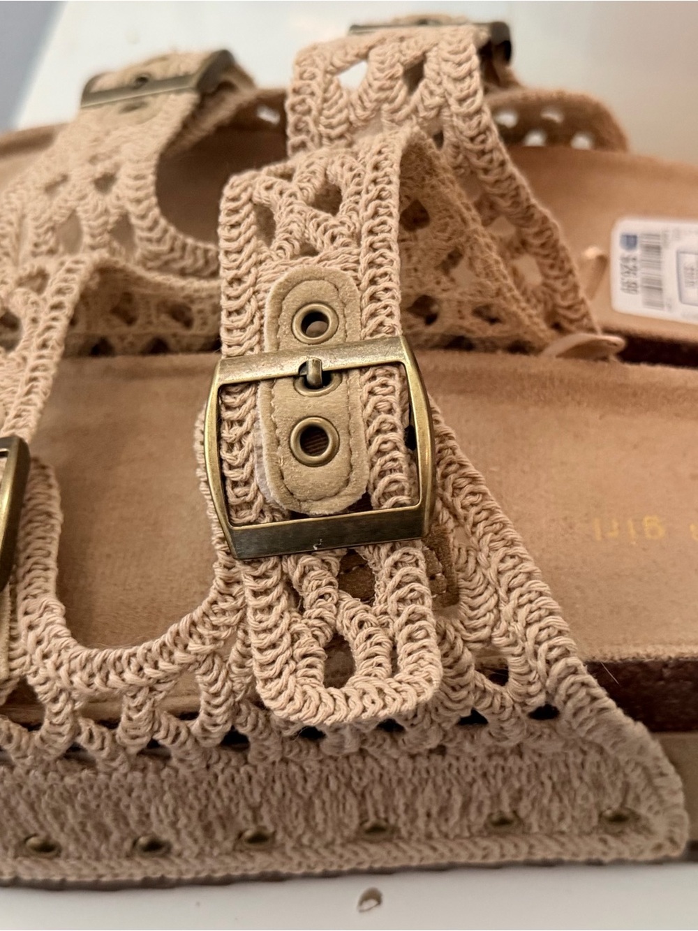 Madden Girl Crochet Buckle Slide Sandals in Beige